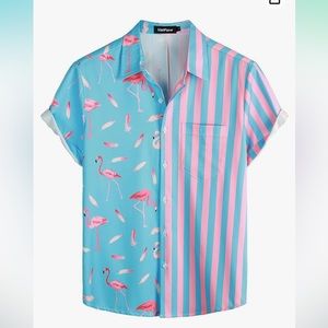 VATPAVE Blue & Pink Button Down Flamingo Shirt, NWT